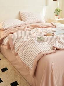 Kiss Dear 1pc Lightweight Quilt, Jacquard Striped Design, Smooth & Soft Material, Suitable For Bedroom, Living Room, Hotel Use In Summer - Yarn-dyed Stripes Bean Paste Color - View 7