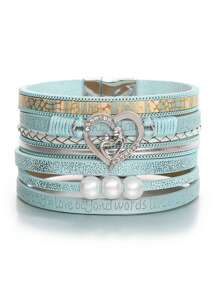 1 件母子爱珍珠和绿色皮革手链，母亲节礼物