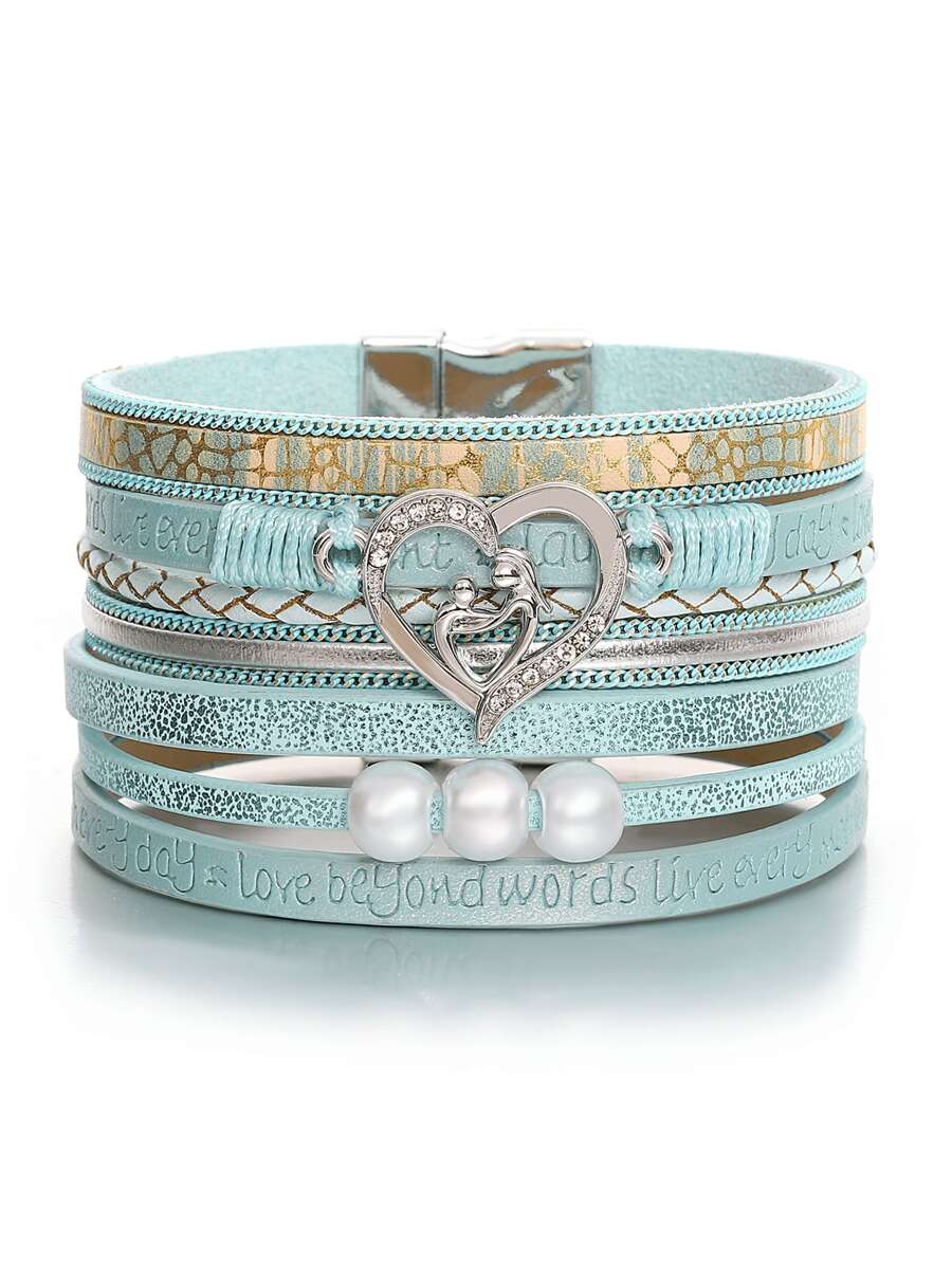 1 件母子爱珍珠和绿色皮革手链，母亲节礼物