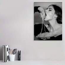 Framed  Black & White Woman Enjoying Pasta Canvas Art Print -  Wall Decor For Living Room, Bedroom, Hallway | Includes Hanging Hardware | Perfect Gift Idea, Perfect For Room Decor