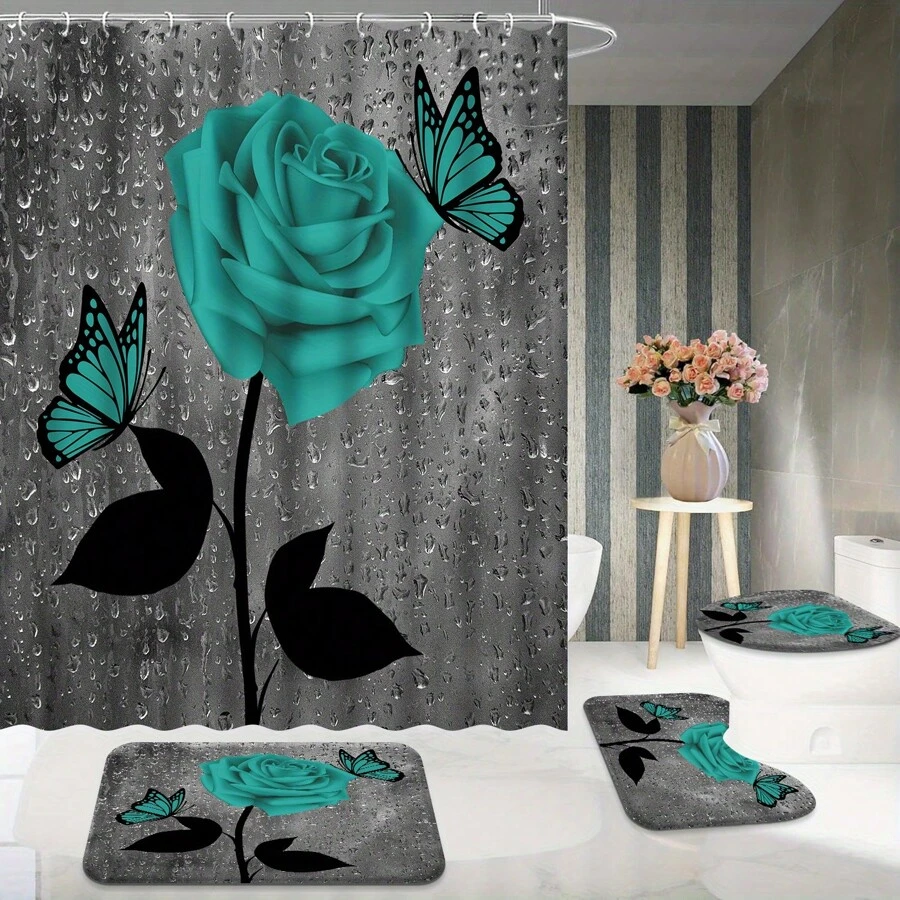 4pcs Garden Roses Bathroom Accessory Sets With Rugs For Bathroom Decor, Drops Water Flower Beautiful Glass Abstract Nature Spring Love Theme, Includes Toilet Lid Cover And U-Shaped Rugs, Curtains For Bathroom - 70.8in*70.8in - View 1