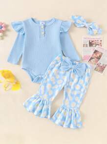 Baby Girls 3 Piece Outfits Set Ribbed Long Sleeves Romper And Daisy Print Elastic Flared Pants Headband Set Spring Fall Clothes - Blue - View 1