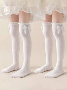 2 Pairs White Diamond Mesh Girls Knee High Socks With Bow, Suitable For Daily Life - White - View 2