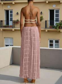 2026 Frühling/Sommer Damen Chiffon zweiteilliges Set mit gerüschter Spitze und rückenfreiem Top, bestehend aus langem Rock und kurzer Bluse, geeignet für Valentinstag, Strandurlaub, Brunch-Dates, elegante Partys sowie Halloween, Partys, Gothic-Stil, Hochzeiten. Dieses elegante Damen-Set mit rückenfreiem Design ist ideal für Weihnachtspartys, Dates und eine modische Wahl für Frühling/Sommer. Rosa. - Pink - Übersicht 7
