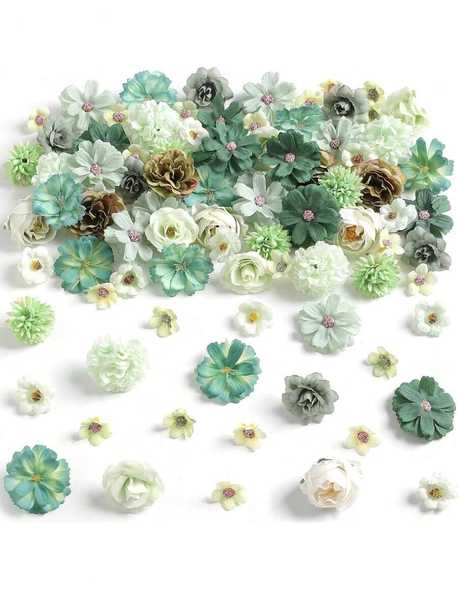 80个绿色迷你仿真花头,丝绸仿真梅花头,仿真牡丹玫瑰雏菊花头,适用于DIY花环、蛋糕、婚礼、派对、毕业典礼、帽子、鞋子、花瓶装饰、秋季装饰 - 綠色 - 查看 1