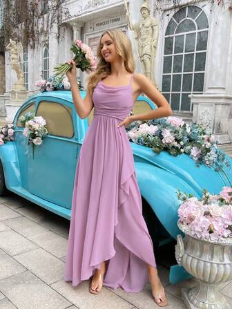 QOQ 优雅简约女士婚礼礼服夏季伴娘礼服，适合婚礼、宾客、晚宴、正式活动、订婚派对、草坪婚礼，纯色围脖领不对称下摆露背伴娘长裙