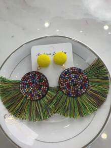 2 Pieces Vintage Bohemian Style Fringed Pendant Earrings With Colorful Rhinestones, Suitable For Women Holidays And Party Wear