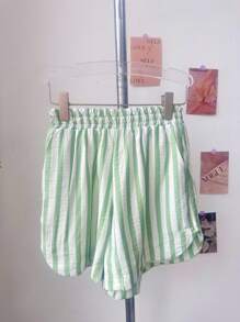 Frenchy Conjunto Listrado De Blusa De Manga Longa E Shorts Para Primavera E Verão SP037 - Verde - Visão 5