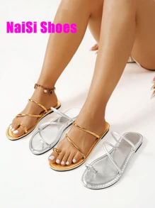 Women Flat Slip-On Gold Flat Sandals, Open Toe Slip-On Roman Sandals, Casual Elastic Band Indoor/Outdoor Beach Slippers, Gold/Silver/Black, Suitable For All Seasons - Gold - View 7