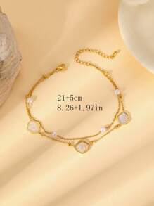 1pc Women's Stainless Steel White Shell, Zirconia Pearl & Snake Decor Anklet, Elegant Sweet Sexy Double Layer Foot Jewelry, Suitable For Summer Beach Vacation, Gold Anklet For Valentine's Day & Mother's Day