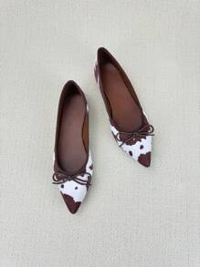 Women's Brown Pointed Toe Ballet Flats With Bow Decor, Elegant Slip-On Soft Bottom Loafers With Animal Print Fabric