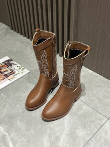 Kids Western Embroidered Cowboy Boots, New Simple Style Boys/Girls Boots, Retro Mid-Calf Versatile Riding Boots, Suitable For All Seasons