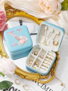 A-Z Floral Letter Pattern Travel Jewelry Box, Portable Zipper Travel Jewelry Storage Box, Gift Box For Women, PU Leather Waterproof Jewelry Box For Rings, Pendants, Earrings, Necklaces, Etc. - Gift Boxes For Girls And Women, Sun Travel Cool Back To School