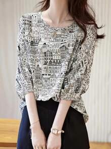 Fashionable Architecture Print Batwing Sleeve Shirt, Spring/Summer