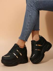 Fall/Winter 1 Pair Women's New Black Platform Thick Sole Sneakers, Leather Upper Round Toe Lace Up Chunky Sneakers, Lightweight Non-Slip Soft Sole Casual Shoes - Gold - View 6