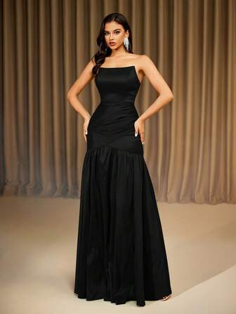 黑色露肩不对称长款宴会晚礼服，正式，派对礼服，长袍，适合婚礼宾客