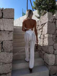 Summer New Women's Solid Color Summer Beach Hollow Out Tie Front Cover Up White Flared Pants,Without Bikini Pants