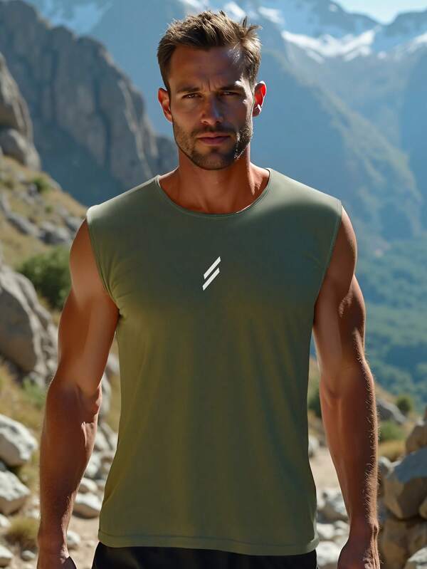 Maglia uomo giovane traspirante ad asciugatura rapida, tessuto leggero e morbido, girocollo, stampa grafica, all'aperto, sport, esposizione muscoli, corsa, arrampicata, canotta, abbigliamento uomo, maglietta senza maniche, atletica, estiva, Ringraziamento, festa