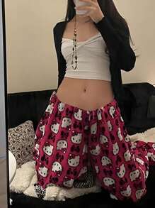 1pc Women's Cute Hello Kitty Cartoon Printed Thin Pajama Pants, Comfortable Loose Fit, Suitable For Spring/Autumn, Casual Wear - Pink - View 2