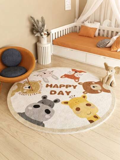 毛绒卡通动物圆形地毯 - 超柔软，舒适，适合卧室、客厅、书房、宿舍、儿童游戏室、托儿所作为地垫、房间装饰、羊绒地垫 - 具有可爱的狮子、熊、兔子、长颈鹿图案，客厅地毯