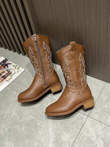 Kids Western Embroidered Cowboy Boots, New Simple Style Boys/Girls Boots, Retro Mid-Calf Versatile Riding Boots, Suitable For All Seasons