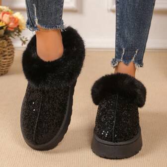 New Sequins Snow Boots For Women, Warm Plush Lined Short Ankle Boots, Thick Winter Shoes With Anti-Slip Sole, For Winter Outdoor Wear