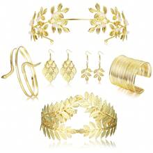 IRONBOX 4-16Pcs Greek Goddess Costume Accessories Set For Women Gold Leaf Crown Bracelet Pearl Earrings Bridal Wedding Jewelry - Gold - View 15