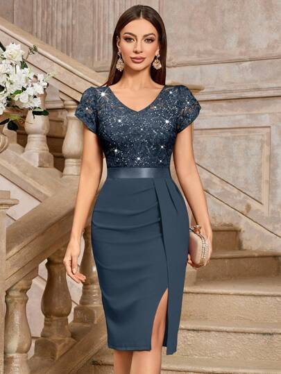 MIUSOL Vestido de cóctel ajustado con abertura alta, mangas abullonadas, encaje con lentejuelas y drapeado. Vestido de mujer semi-formal adecuado para invitados de boda, ceremonia de graduación, cena de gala y otras ocasiones