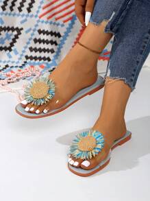 女士百搭平底蓝色花朵沙滩度假系带一脚蹬凉鞋，户外拖鞋 - 淺藍色 - 查看 3