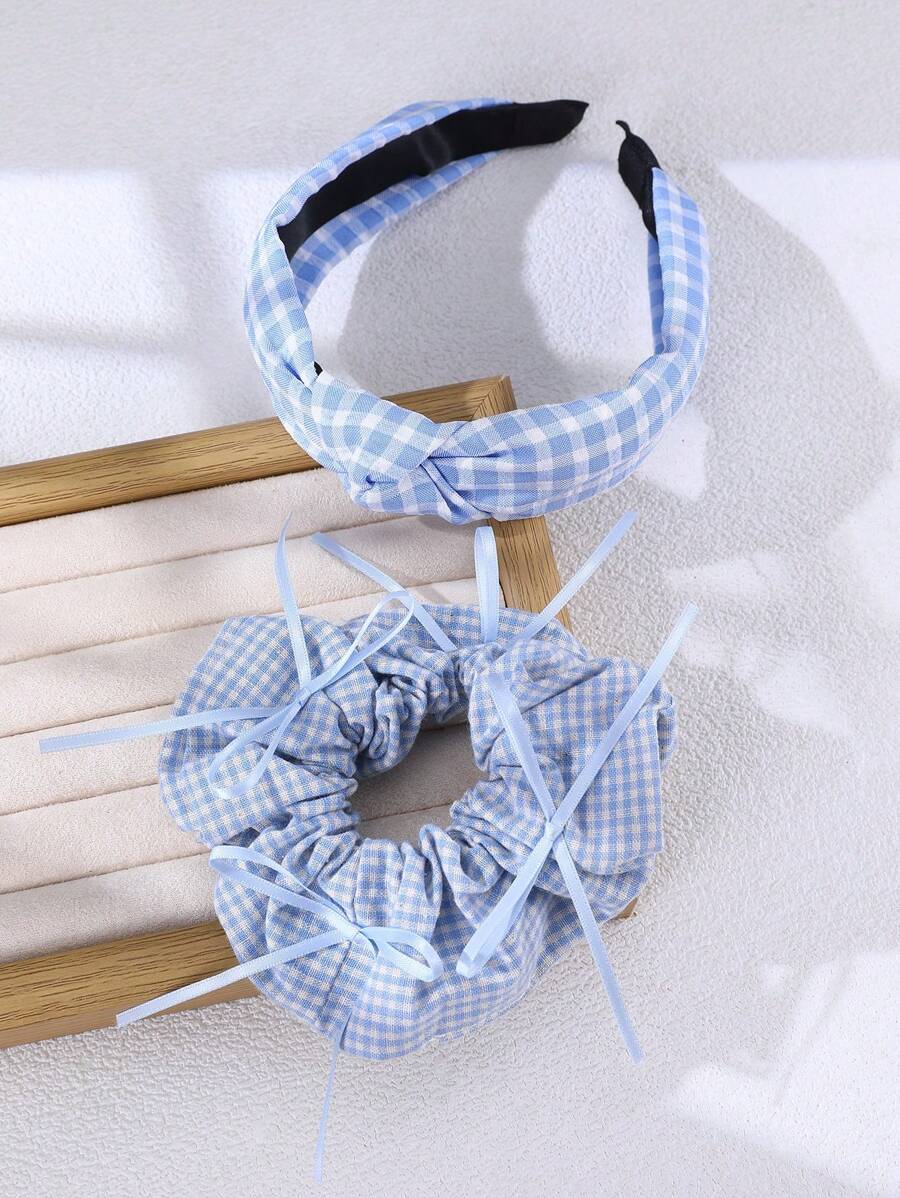 1pc Women's Hair Accessory, Minimalist Fresh French Blue Plaid Bow Ribbon Hair Scrunchie, Hair Hoop, Hair Tie, Suitable For Daily Wear, Spring/Summer, Vacation Decoration,Travel,Birthday - Multicolor - View 1
