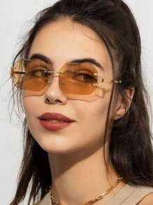 1 pieza Gafas de mujer con montura de metal sin borde de polígono, adecuadas para fotografía callejera y atuendo diario para vacaciones de verano en la playa, al aire libre, viajes