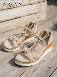 WRCVS Sandale de damă bej Sandale cu curea țesute Platformă cu pană Fundă din frânghie Fabricate manual țesute cu margele Sandale espadrille în stil boho, ocazional, ușoare - Bej - Vizualizare 5