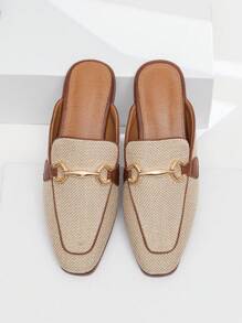 Fall/Winter Breathable Linen Classic Versatile Metal Buckle Slip-On Mule Loafer Slippers,Flats - Apricot - View 4