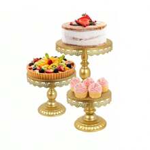1pcsRound Golden Cake Stand, Elegant Lace Decorated Dessert Tray, Suitable For Weddings, Birthdays, Parties, Celebrations, Cake Display Stands