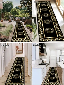 1 peça 'Fundo preto, moldura dourada em 'F', moldura interna de linha sólida, padrão circular dourado no centro' tapete antiderrapante, lavável à máquina, carpete para entrada, sala de estar, quarto, decoração de pátio externo, jardim, quintal, tapete, decoração para casa, decoração de quarto, tapete de área, tapeçaria