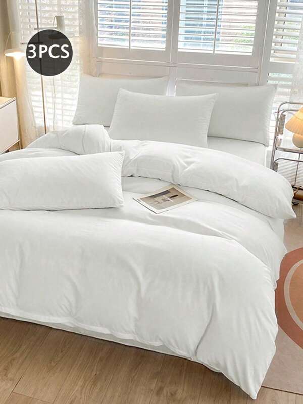 3pcs 100% Polyester Solid Color Duvet Cover Set Without Filler,(1Duvet Cover &2 Pillowcases), Modern Polyester Bedding Set For All Season