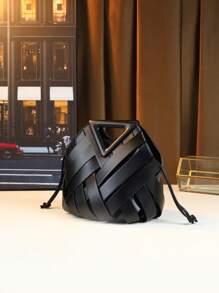 2025 新款编织设计女士手提包、托特包、高端小众倒三角休闲通勤包 - 黑色 - 查看 2