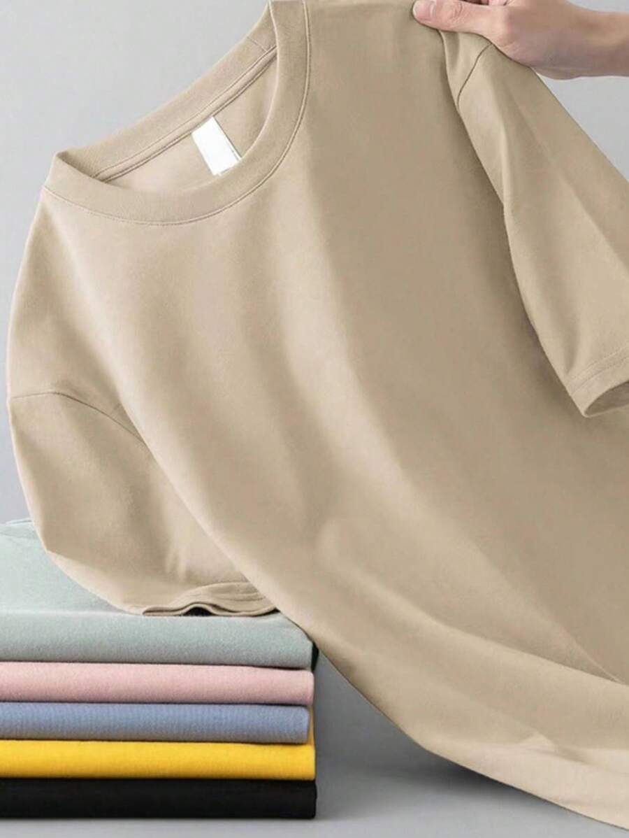 Plain Basic Short Sleeve Cotton T-Shirts S-G3 - 駝色 - 查看 1
