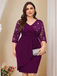 Plus V-Neck Sequin Floral Lace Contrast Ruffle Trim Wrap Hem Evening Party Bodycon Dress, Elegant Semi Formal Wedding Guest Dress, For Birthday, Graduation, Homecoming, For Cocktail - Maroon - View 6