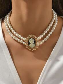 1pc Double-Layer Retro Elegant Full-Crystal Pearl Choker Necklace - Multicolor - View 3