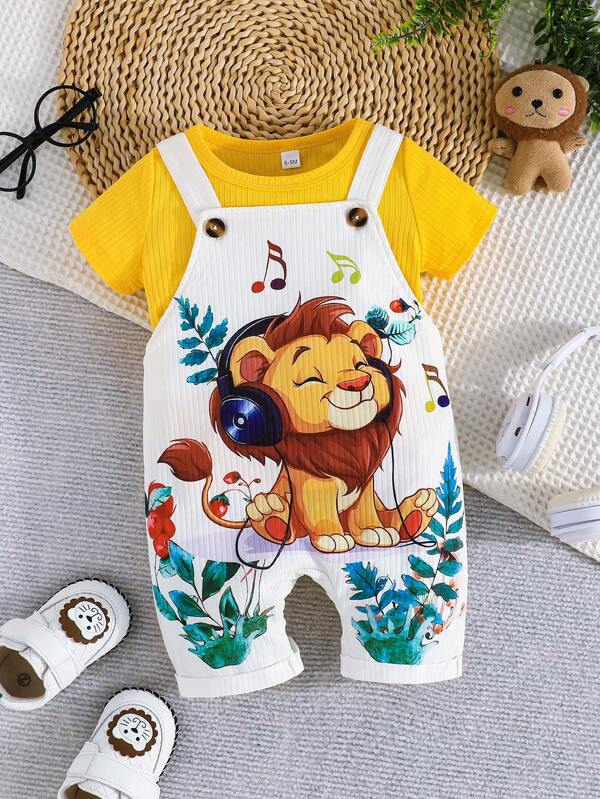 Infant/Baby Boy Summer Ribbed Casual Outfit, Solid Color Short Sleeve Top + Adorable Lion Suspender Pants 2 Pieces Set