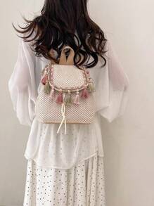 New Fashionable Fringe Design Straw Backpack, Versatile Woven Bag For Beach Vacation - Beige - View 5