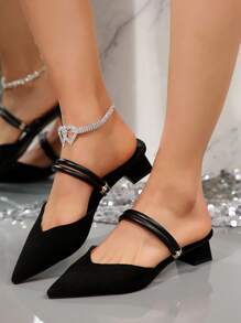 Women's High Heel Mule Shoes, Fashion Pointed Toe Ankle Strap 2-Way Sandals - Black - View 4