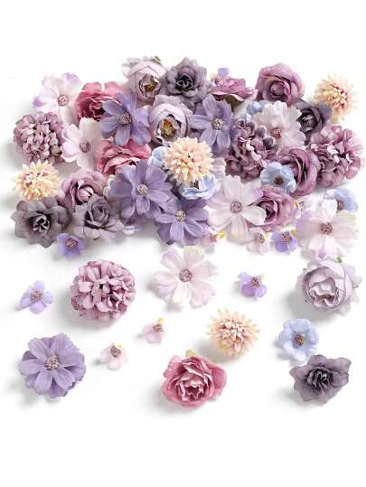80PCS Purple Mini Artificial Flower Head Silk Artificial Plum Blossom Head Fake Peony Rose Daisy Flower Head DIY Wreath Cake Wedding Party Graduation Season Hat Shoes Home Vase Decoration,Fall Decor,Autumn