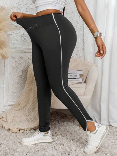 Plus Size Women High Stretch Skinny Leggings With Creative Side Stripe Panel Design, Fashionable Solid Color Casual Comfortable Knitted Yoga Pants
