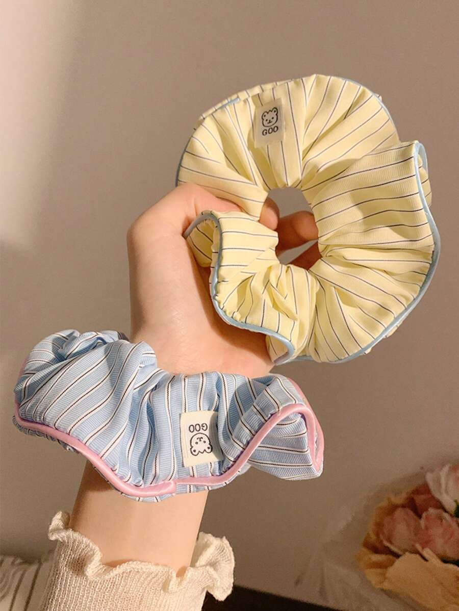 2件組女款可愛甜美條紋髮圈,粉色、黃色與藍色可選,柔軟布料髮圈 - 彩色 - 查看 1