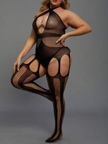 Plus Size Women Halter Sheer Lingerie Set, High Elastic Seamless Jumpsuit, Sexy Nightwear (Without Panties) - Black - View 3