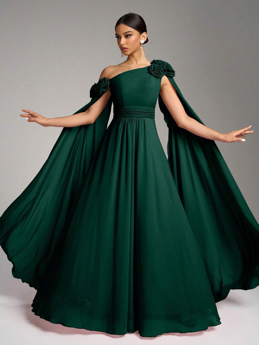 SUPGIR Đầm chiffon dài chấm đất xếp ly eo, cổ lệch vai, họa tiết hoa, thích hợp làm đầm phù dâu mùa xuân.