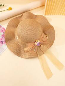 1pc Kids Girls' Ballet Dancer Net Bow Decoration Khaki Sun Hat, Suitable For Daily Life, Outdoor Leisure And Vacation, Princess Style