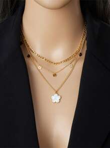 1 pièce Collier à pendentif fleur à coquille vintage lisse multicouche avec chaîne en acier inoxydable